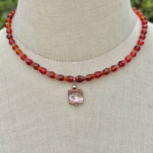 Peyote Bird dainty orange beaded abalone pendant necklace